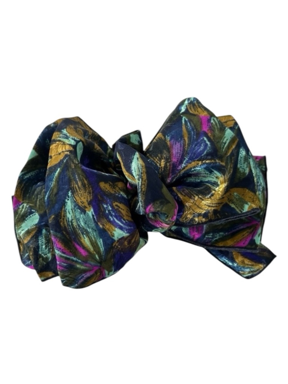 Vintage 80’s Hair Clip Oversized Silky Multicolor Pattern Ribbon Bow Barrette 7”